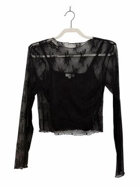 Discreet Black Sheer Lace Long Sleeve Top Crew Neck with Camisole Tank Top Crop